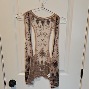 Ecote Sheer Beaded Blouse in Tan and Brown